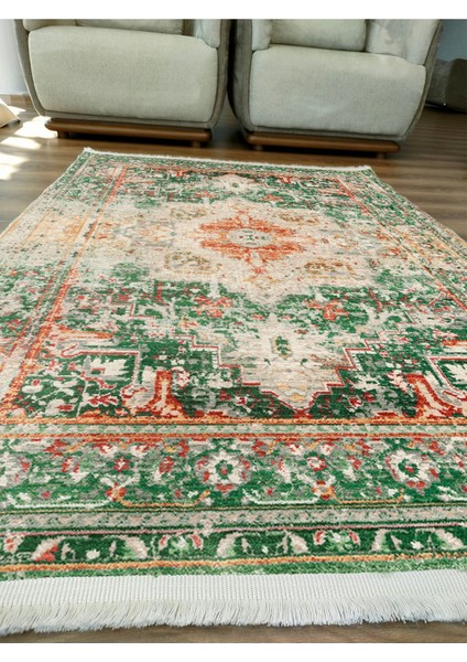Mars Halı Yeşil Tonlarında Etnik Eskitme Pamuk Dokuma Taban Halı E38