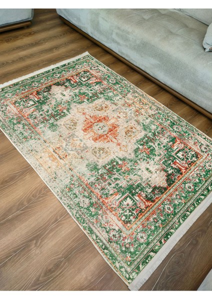 Mars Halı Yeşil Tonlarında Etnik Eskitme Pamuk Dokuma Taban Halı E38