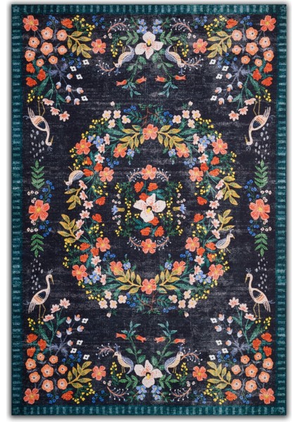 Mars 2184 Lacivert Botanik Floral Çiçeksi Modern ve Country Stil Dokuma Taban Halı