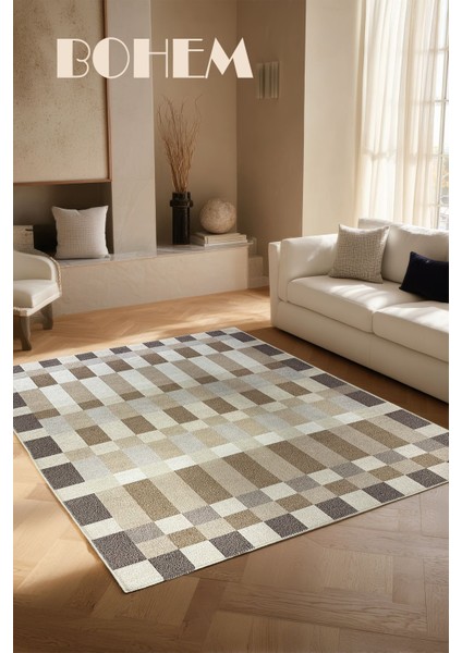 Bej Kahve Tonlu Geometrik Desenli Yıkanabilir Yumuşak Salon Koridor Yolluk Halısı MARS2266