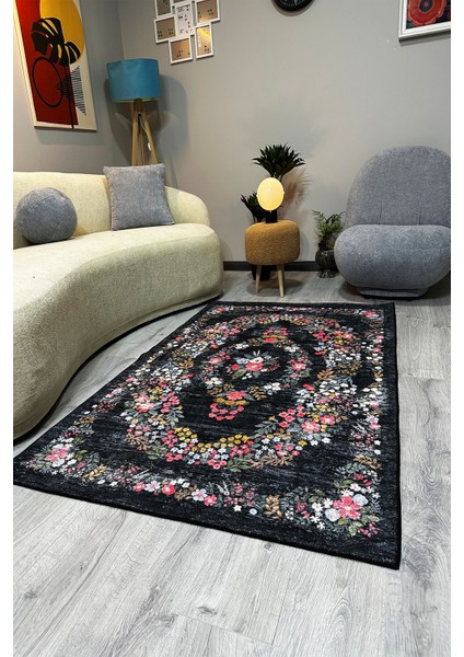 Siyah Halı Dekoratif Çiçekli Tasarım Otantik Yazlık Yıkanabilir Dokuma Şönil Salon Halısı MARS284 fiyatları