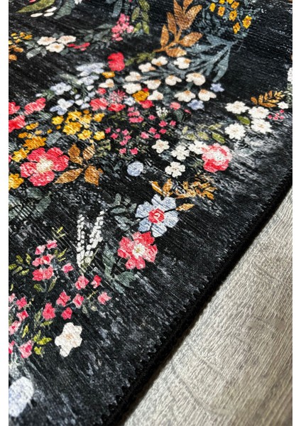 Siyah Halı Dekoratif Çiçekli Tasarım Otantik Yazlık Yıkanabilir Dokuma Şönil Salon Halısı MARS284 fırsatları