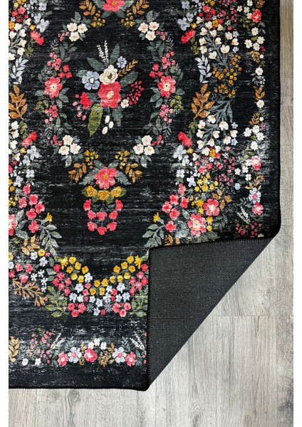 Siyah Halı Dekoratif Çiçekli Tasarım Otantik Yazlık Yıkanabilir Dokuma Şönil Salon Halısı MARS284 indirimleri