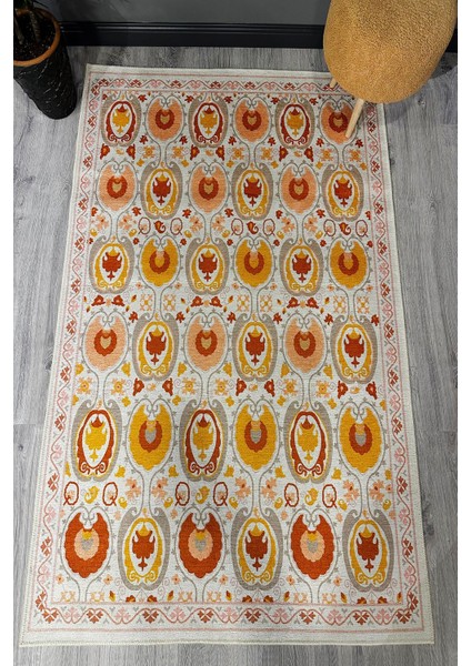 Turuncu Sarı ve Krem Tonları Etnik Desenli Otantik Dokuma Şönil Yıkanabilir Salon Halısı MARS287 modelleri