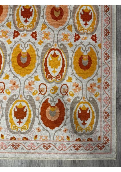 Turuncu Sarı ve Krem Tonları Etnik Desenli Otantik Dokuma Şönil Yıkanabilir Salon Halısı MARS287 indirimleri