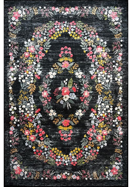 Siyah Halı Dekoratif Çiçekli Tasarım Otantik Yazlık Yıkanabilir Dokuma Şönil Salon Halısı MARS284