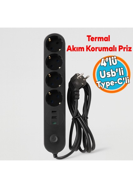 Akım Korumalı Topraklı Golyat Grup Şarj Fiş Priz 4 Prizli 3 USB Girişli 2 Metre Uzatma Kablosu