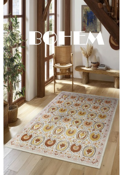 Turuncu Sarı ve Krem Tonları Etnik Desenli Otantik Dokuma Şönil Yıkanabilir Salon Halısı MARS287