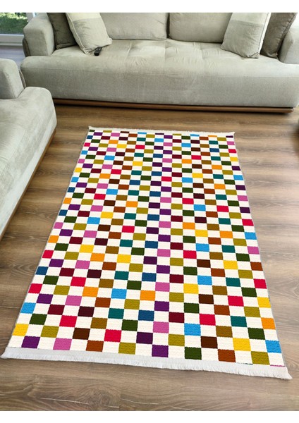 Mars Halı Modern Kareli Desenli Renkli Pamuk Dokuma Taban Halı E47 fırsatları