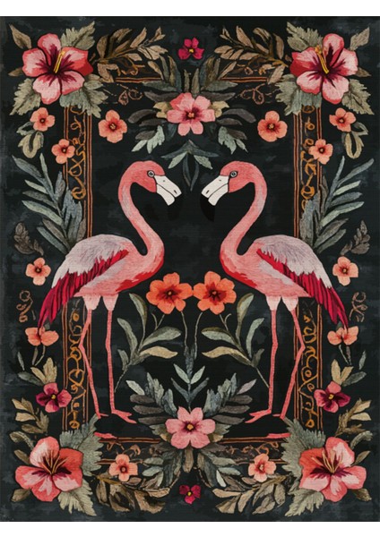 Flamingo ve Çiçek Desenleriyle Süslenmiş, Mutfak Veya Salon Halısı MARS263