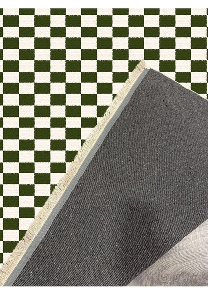 Mars Halı Yeşil Krem Dama Desenli Saçaklı Geometrik Salon Mutfak Koridor Halısı Mars E 35