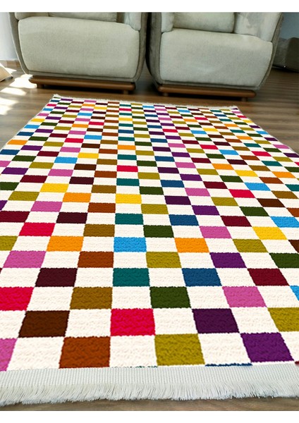 Mars Halı Modern Kareli Desenli Renkli Pamuk Dokuma Taban Halı E47
