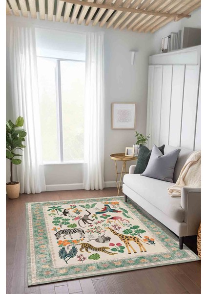 Floral Sevimli Hayvan Temalı Çok Renkli Dokuma Taban Halı Salon Halısı Çocuk Halısı Mars 249