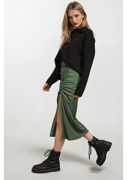 Kadın Zümrüt Yeşili Yırtmaçlı Uzun Etek HZL22S-BD118801 fiyatları