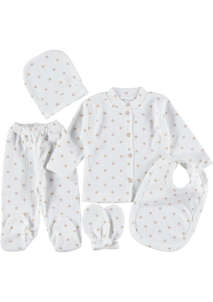 Fitilli Ekru Zemin Kalp Baskılı Kız 5'li Zıbın Seti