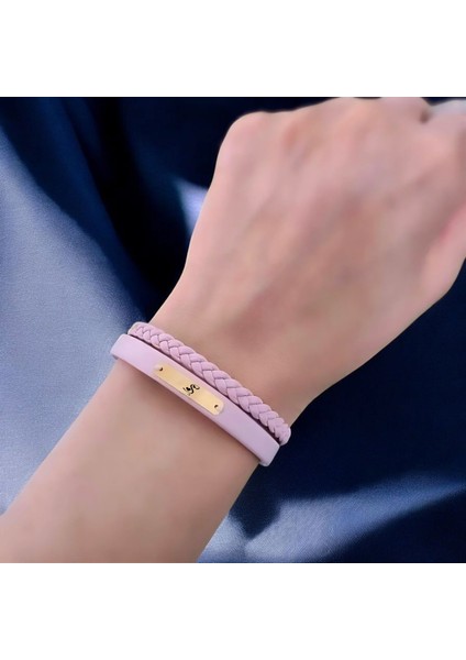 14 Ayar Plakalı Altın Ş Harfine Özel Dikdörtgen Figürlü Pembe Derili Hediye BILEKLIK-613HARF