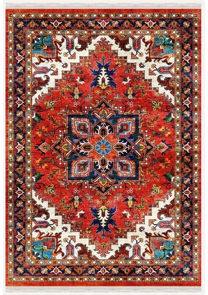 Mars Halı Kırmızı Tonlarında Etnik Eskitme Pamuk Dokuma Taban Halı 2253