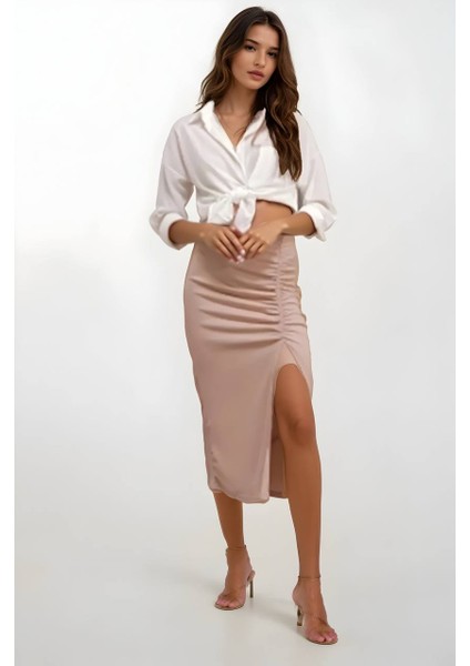 Kadın Bej Yırtmaçlı Uzun Etek HZL22S-BD118801 fırsatları
