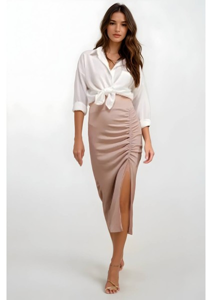 Kadın Bej Yırtmaçlı Uzun Etek HZL22S-BD118801 modelleri