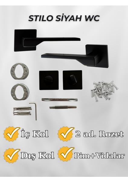 Stilo SİYAH Kare Rozetli Kapı Kolu Lüks WC Kapı Kolu