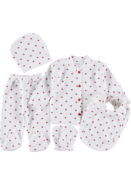 Fitilli Ekru Zemin Kalp Baskılı Kız 5'li Zıbın Seti 0-3 Ay