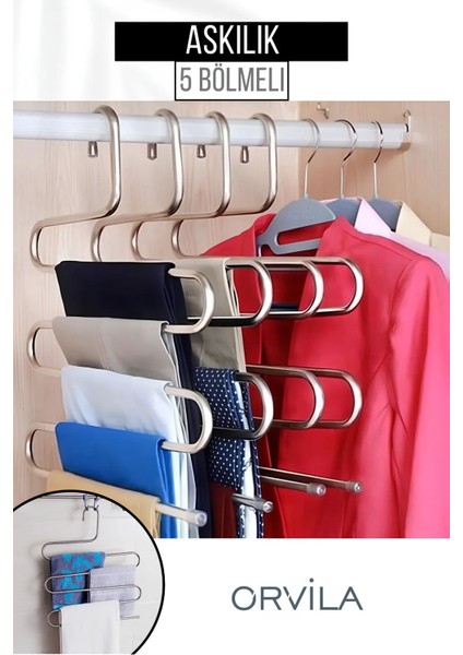 4 Adet - 5 Bölmeli Metal Pantolon Askısı - Giysi Eşarp Fular Kıyafet Askısı Düzenleyici Organizer