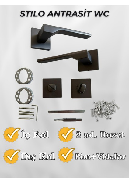 Stilo ANTRASİT Kare Rozetli Kapı Kolu Lüks WC Kapı Kolu