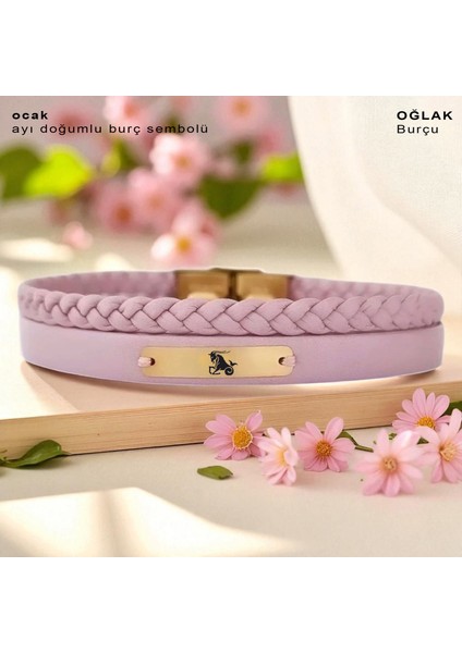 Oğlak Burçları Için Dikdörtgen Figürlü 14 Ayar Altın Plakalı Pembe Derili Hediye BILEKLIK-613BURÇ fiyatları