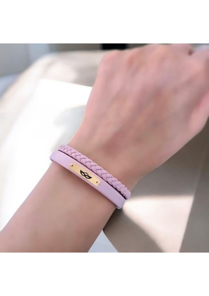 14 Ayar Plakalı Altın Bal Maske Temalı Pembe Derili Dikdörtgen Figürlü Hediye BILEKLIK-613SEMBOL