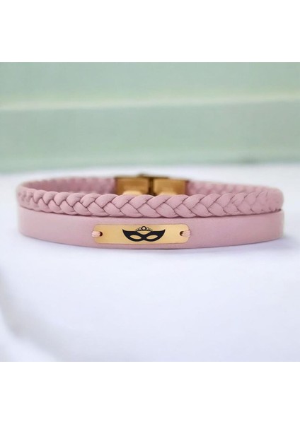 14 Ayar Plakalı Altın Bal Maske Temalı Pembe Derili Dikdörtgen Figürlü Hediye BILEKLIK-613SEMBOL fiyatları