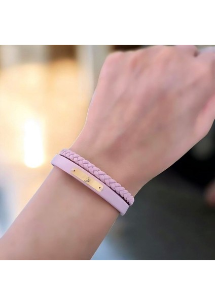 Altın Plakalı 14 Ayar Hz Ali Temalı Pembe Derili Dikdörtgen Figürlü Hediye BILEKLIK-613SEMBOL