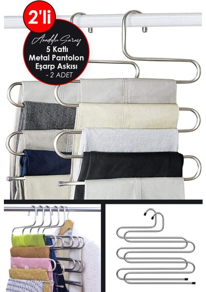 2 Adet Pratik Dolap Içi 5 Kat Katlı Pantolon Eşarp Şal Askısı | 2'li 5 Katlı Pantolon Eşarp Askısı