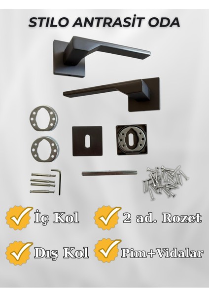 Stilo ANTRASİT Kare Rozetli Kapı Kolu Lüks Oda Kapı Kolu