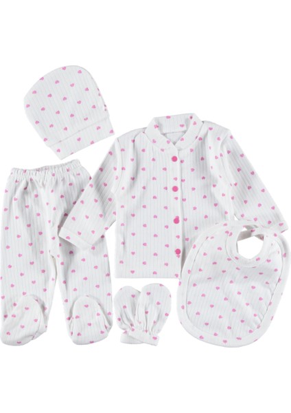 Fitilli Ekru Zemin Kalp Baskılı Kız 5'li Zıbın Seti