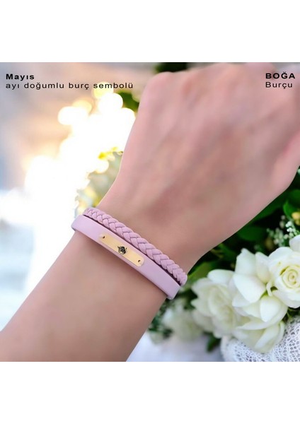 Boğa Burçları Için 14 Ayar Altın Plakalı Pembe Derili Dikdörtgen Figürlü Hediye BILEKLIK-613BURÇ