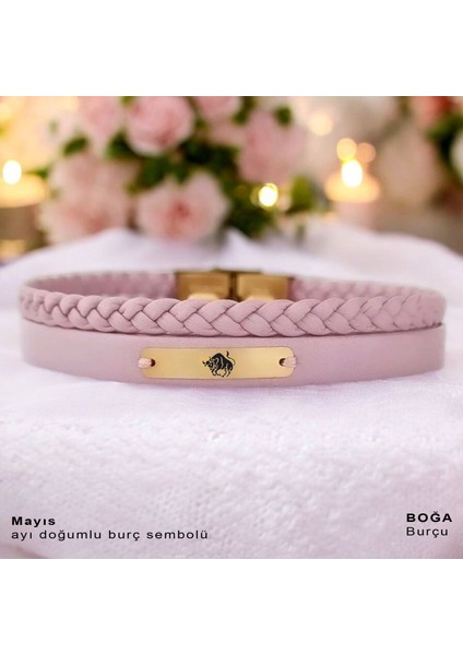 Boğa Burçları Için 14 Ayar Altın Plakalı Pembe Derili Dikdörtgen Figürlü Hediye BILEKLIK-613BURÇ fiyatları