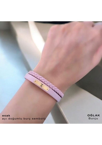 Ocak Ayı Doğumlarına Dikdörtgen Figürlü 14 Ayar Altın Plakalı Pembe Derili Hediye BILEKLIK-613AY