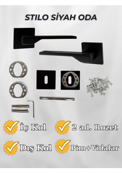 Stilo SİYAH Kare Rozetli Kapı Kolu Lüks Oda Kapı Kolu