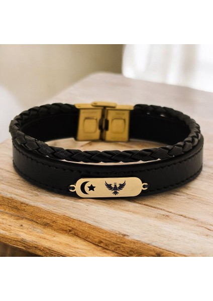 Kral Kartal Temalı Siyah Derili Ay Yıldız Motifli 14 Ayar Altın Plakalı Hediye BILEKLIK-612SEMBOL
