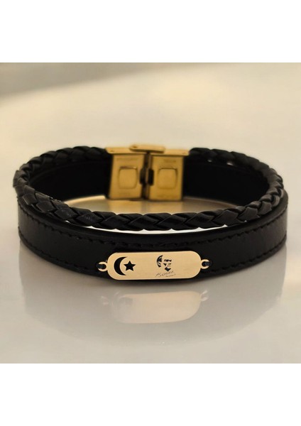 Atatürk Temalı Siyah Derili Ay Yıldız Motifli 14 Ayar Altın Plakalı Hediye BILEKLIK-612SEMBOL