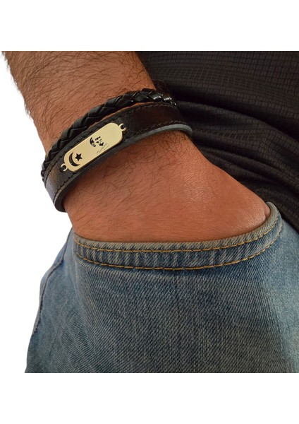 Atatürk Temalı Siyah Derili Ay Yıldız Motifli 14 Ayar Altın Plakalı Hediye BILEKLIK-612SEMBOL fiyatları