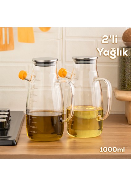 2092 2li Metal Kapaklı Vakumlu Ölçekli Borosilikat Cam Yağdanlık Yağlık Sirkelik 1000+1000ML