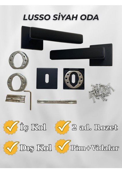 Lusso SİYAH Kare Rozetli Kapı Kolu Lüks Oda Kapı Kolu