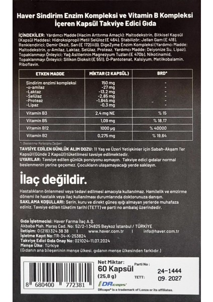 Enzim Kompleksi 60 Kapsül fiyatları