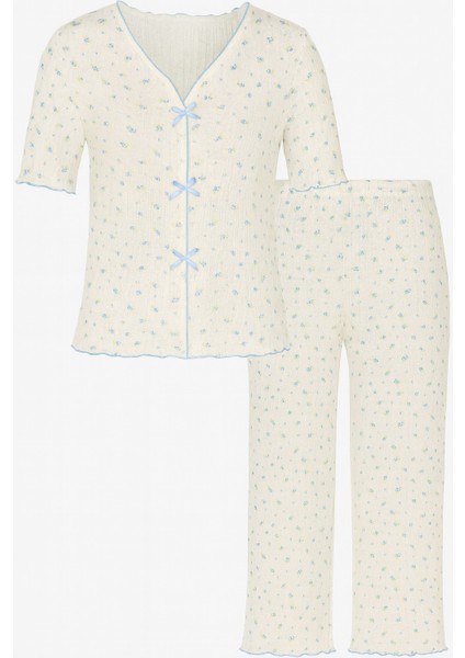 Kadın Kısa Kollu Fiyonklu Fitilli Pijama Takımı