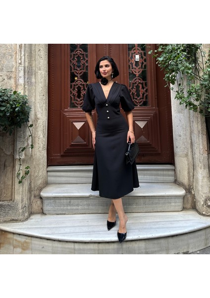 Karpuz Kol Önü Düğmeli Midi Elbise