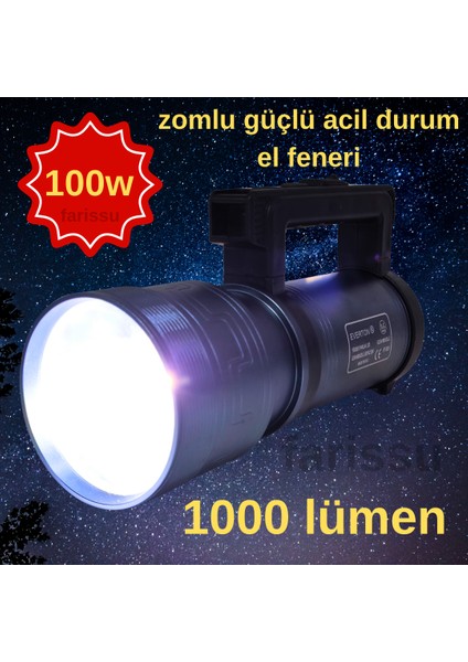 RT-829 100W 1000 Lümen Güçlü LED Acil Durum ve El Feneri – Şarjlı, Full Metal Gövde, Zoom Özellikli