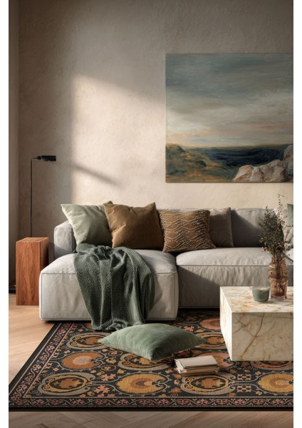 Hardal Turuncu ve Siyah Tonları Etnik Desenli Otantik Dokuma Şönil Yıkanabilir Salon Halısı MARS286 fiyatları