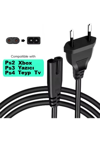Radyo Teyp Yazıcı Elektrik Power Güç Kablosu Fişi Ps2/3/4 2 Pin C7 (1.5 Metre)