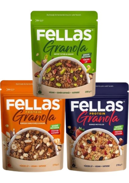 Karışık Kuruyemiş & Kakao Protein, Kırmızı Meyveler Protein, Antep Fıstığı & Kakao Granola 3'lü Set